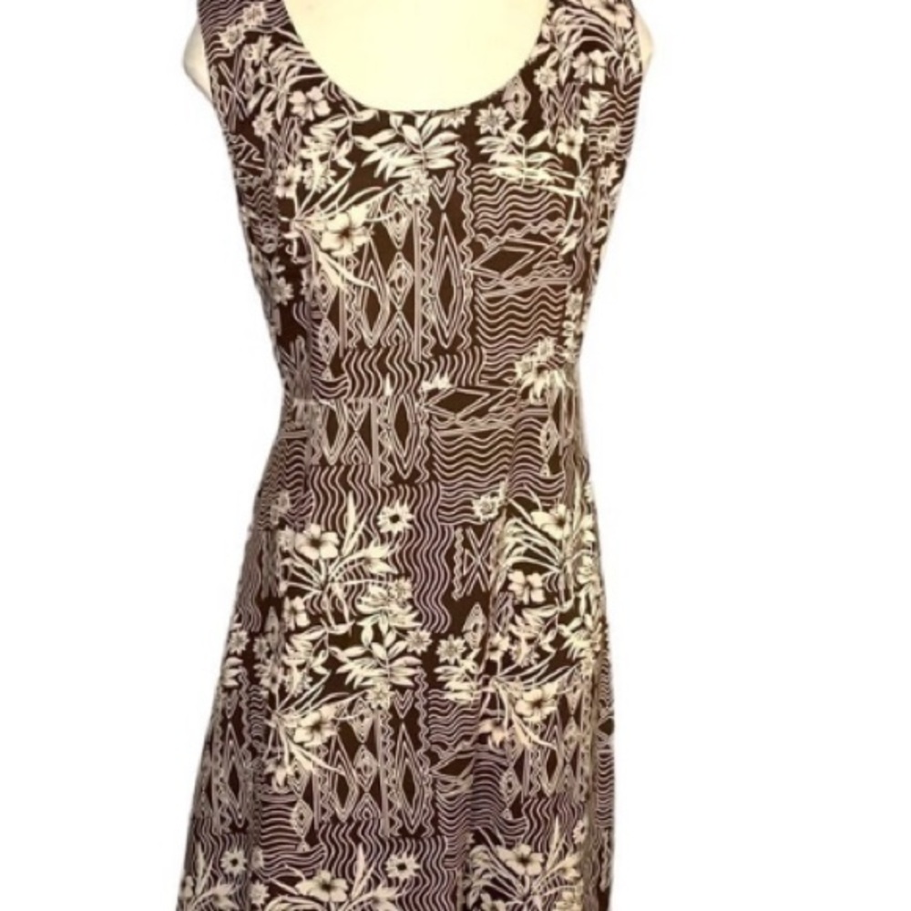 Vintage 90's Floral Maxi Dress Sz 14 Brown Tribal Prints Sleeveless Tropical